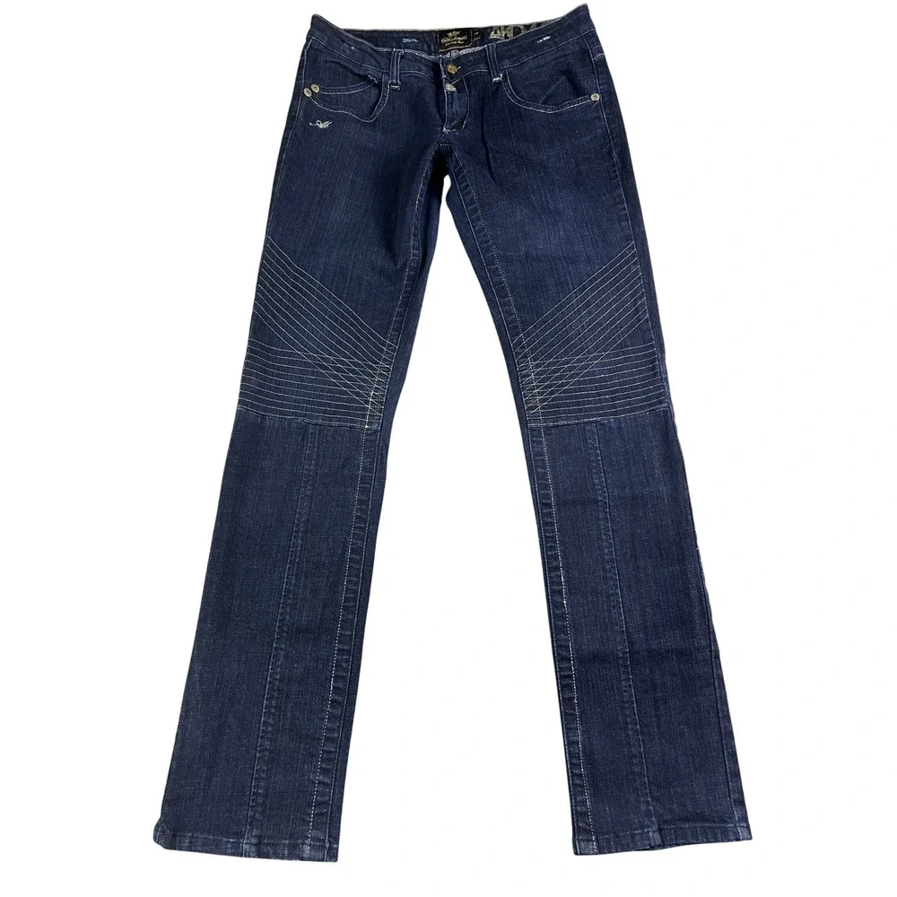 Akademiks AKDMKS Men's 32x34 Low Rise Moto Jeans Stitch Straight Leg Dark Wash